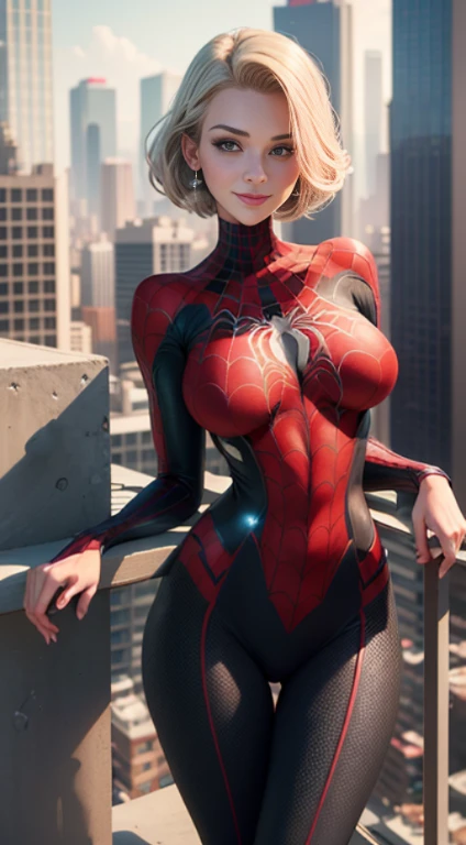 shot below eye level, handsome girl, Slender figure, I&#39;m standing on the roof of a high-rise building, endearing smile, Crew Cut, Spider-Man, The perfect female face, A detailed eye, long eyelashes