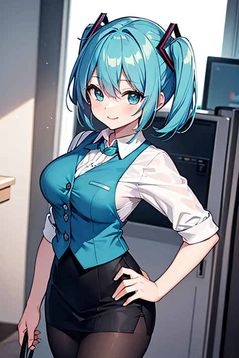 ​masterpiece、top image quality、超a high resolution、miku hatsune、blue hairs、twin-tailed、short hair、smile、ol costume、white dress sh...