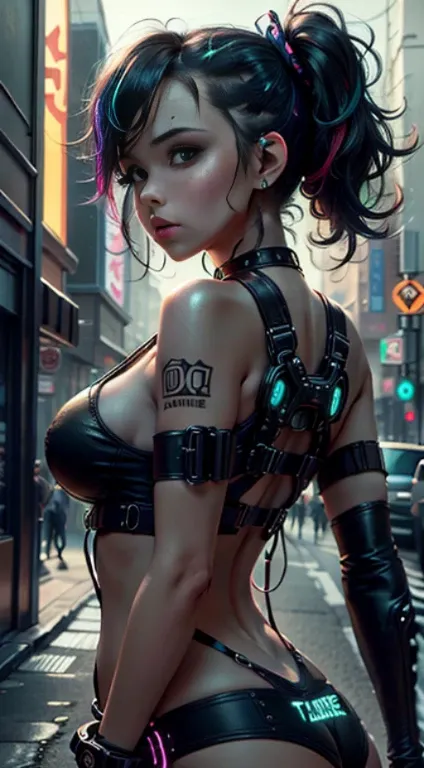 Obra maestra, La mejor calidad, 1 chica cyberpunk de pie, Harajuku-inspired cyberpunk body harness, tatuaje corporal, Colores y patrones llamativos, Accesorios llamativos, Peinado moderno e innovador, Deslumbrante paisaje urbano cyberpunk, Rascacielos, neo...