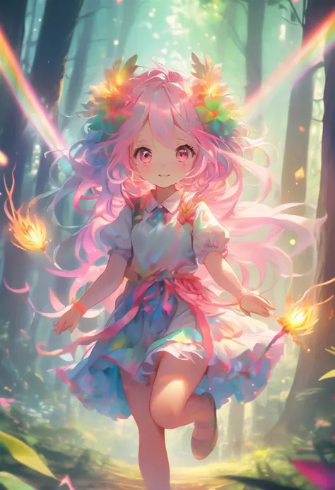 small loli with glowing pink eyes, rainbow colored hair casting glowing spells inside of a mystical forest