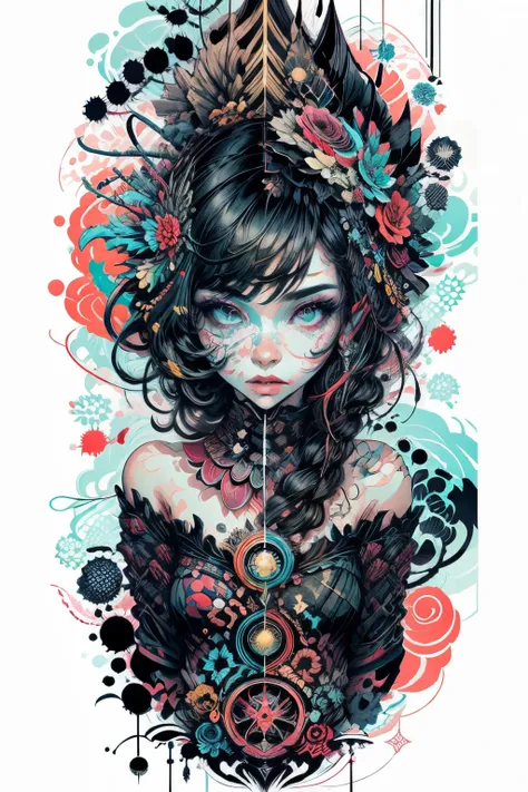 official art, unity 8k wallpaper, ultra detailed, beautiful and aesthetic, masterpiece, best quality, (zentangle, mandala, tangle, entangle), (fractal art:1.3) , 1girl, extremely detailed, dynamic angle, cowboyshot, the most beautiful form of chaos, elegan...