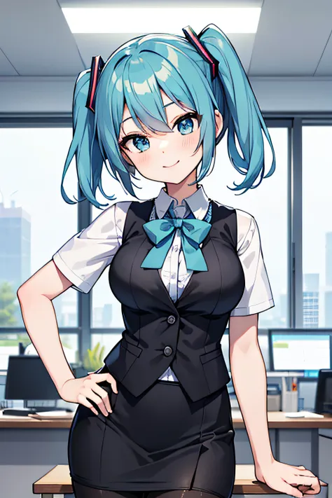 ​masterpiece、top image quality、超a high resolution、miku hatsune、blue hairs、twin-tailed、short hair、smile、ol costume、white dress sh...