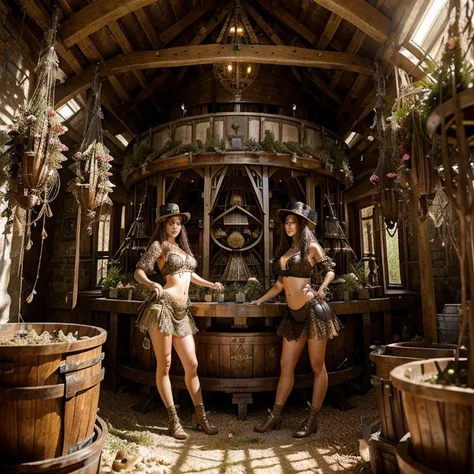 beautiful grower ladies are working inside a perfect watermill with details in a surreal steampunk style, surrounded by a lot of highly detailed magic mushrooms in tubs dried mushrooms and magic mushroom inflorescences