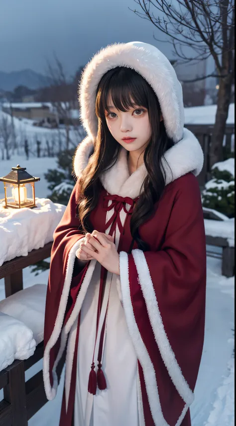 ((artworks))，(超高分辨率)，1 girl,glowing light eyes，Tears of grief， sitted, Lolita costume，Cloak (yuki, yuki，Outdoor activities in winter:1.2),