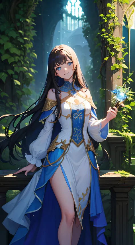 1girl, long brunette hair, big blue eyes, smiling, looking at viewer, holding a long wooden wand, intricate white dress, thighs, ruins, vines, trees, blue light particles, (magic:1.2), masterpiece, 8K, high contrast, perfect lighting, perfect clothes, perf...