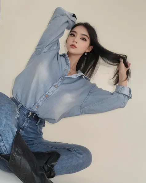 araffe woman sitting on a white surface with her hair in her hands, jeans duplo, pose atraente, wearing a shirt and a jeans, usando jeans duplo, Pose casual, various poses shooting photos, kawaii shirt and jeans, usando jeans, Gongbi, ( ( ( vestindo jeanul...