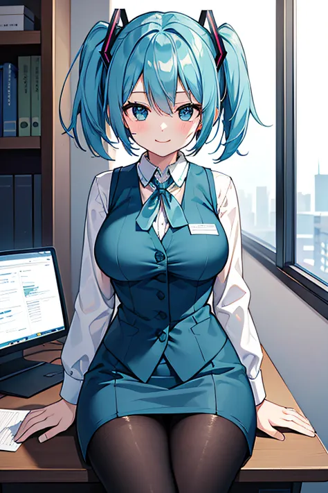 ​masterpiece、top image quality、超a high resolution、miku hatsune、blue hairs、twin-tailed、short hair、smile、ol costume、white dress sh...