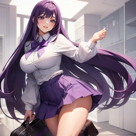 1 girl, Feminine girl, long purple hair, straight hair, purple eyes, Thick lips, shiny lips, school uniforms, mini skirts, tight uniforms, big tits, big buttocks, Small hips, sexy body, shy, red cheeks, school, very big breasts, very big Thigh, Bright skin...