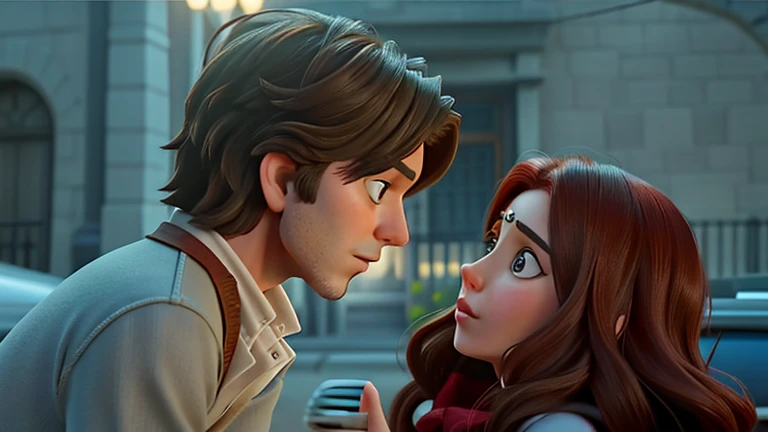 there  a man and a woman that are looking at each other, background is at the street at night, they look to each other angirly, the gairl lain at a side of a parked car, she looks scared fan art, shot from movie, shallan davar, still from the movie, lookin...