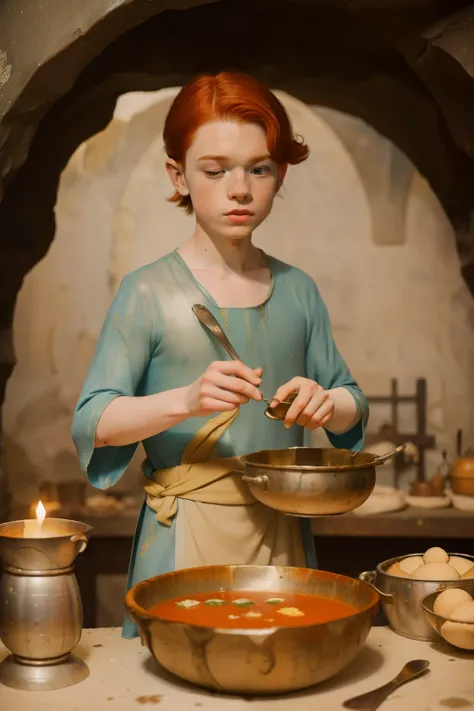 1135, England. otherworldly scene in a cave, ((((11-year-old)) Cameron Monaghan)), removing soup in a cauldron, ((((poor plain tunic from the 12th century)))), ((Hairstyle of the 12th century)), ((Wes Anderson cinematic style)), colorful