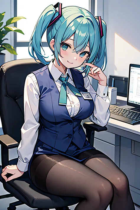 ​masterpiece、top image quality、超a high resolution、miku hatsune、blue hairs、twin-tailed、short hair、smile、ol costume、white dress sh...