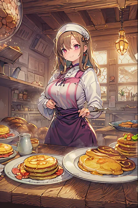 wrc style, woman, lewd pose, the appearance of a seductive appearance, apron, kitchin, medieval setting、eat pancakes、pancake