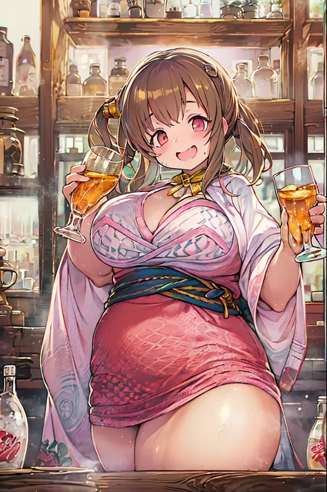 masutepiece, Best Quality, 女の子1人、huge-breasted、bbw、Holding (glass of clear water)、huge smile、In the tavern、red blush、sake、clear drinking water