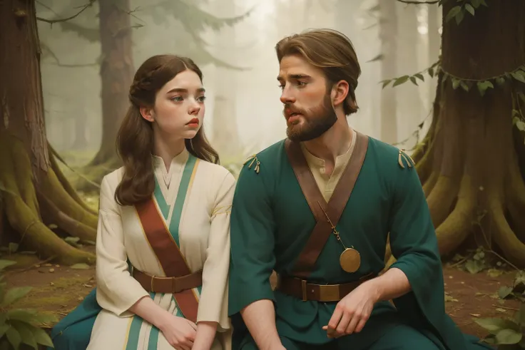 1136, England. otherworldly scene in a forest, ((((35-year-old)) bearded Chris Evans)), with Anya Taylor-Joy, ((((poor plain tunic from the 12th century)))), ((Hairstyle of the 12th century)), ((Wes Anderson cinematic style)), colorful