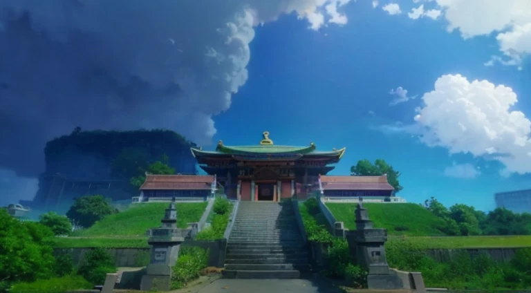 View of a building with the sky as background and a path leading to the building, a temple background, Mysterious temple setting, background depicting a temple, anime scene, Opening scene, Screenshots from the 2012 animation, beautiful anime scenes, Anime ...