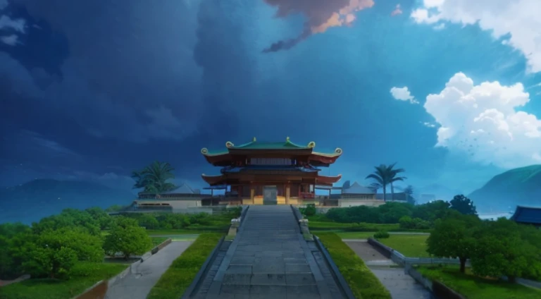 View of a building with the sky as background and a path leading to the building, a temple background, Mysterious temple setting, background depicting a temple, anime scene, Opening scene, Screenshots from the 2012 animation, beautiful anime scenes, Anime ...