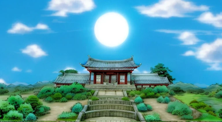 View of buildings with sky background and sun, a temple background, Mysterious temple setting, Zen temple background, background depicting a temple, anime scene, dojo on a mountain, anime backgrounds, Anime beautiful peaceful scene, japanese feudal backgro...