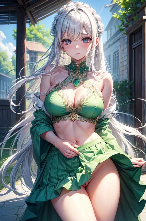 1girl in、white  hair、Green White Dress、verd s eyes、Braids、verd s eyes、Bare legged、 jewely、see -through、see the beholder、hair adornments、a choker、full of shyness、 (​masterpiece、top-quality、top-quality、Official Art、Beautifully Aesthetic:1.2)、(1 girl in)、ighl...