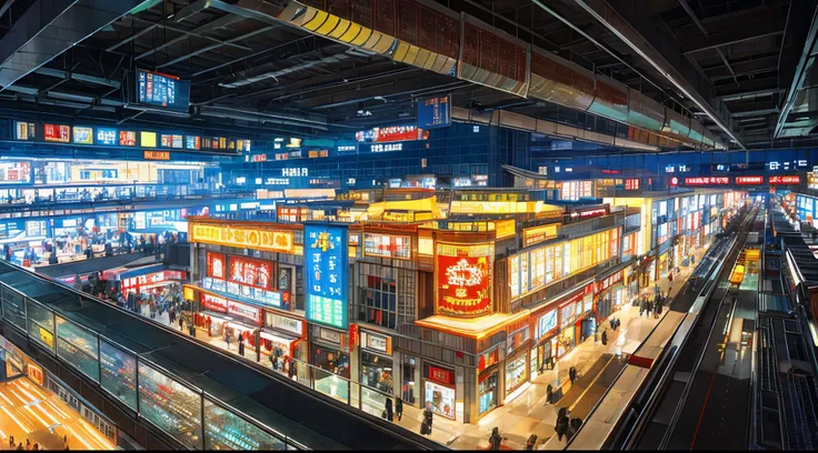 A very nostalgic Kowloon Castle-like multi-level, multi-national, miscellaneous, super-sized shopping mall, no people, night time, many machines of unknown use, a few neon lights.