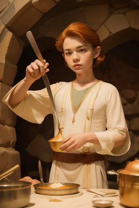 1135, England. otherworldly scene in a cave, ((((11-year-old)) Cameron Monaghan)), removing soup in a cauldron, ((((poor plain tunic from the 12th century)))), ((Hairstyle of the 12th century)), ((Wes Anderson cinematic style)), colorful