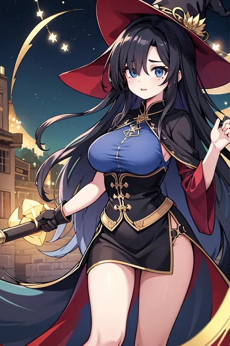 tall girl, large breasts,long hair,  shiny hair, blue eyes,witch ,high detailed,dynamic pose, black hair, hair over one eye,mole under eyes,