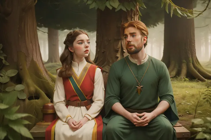 1136, England. otherworldly scene in a forest, ((((35-year-old)) bearded Chris Evans)), with Anya Taylor-Joy, ((((poor plain tunic from the 12th century)))), ((Hairstyle of the 12th century)), ((Wes Anderson cinematic style)), colorful