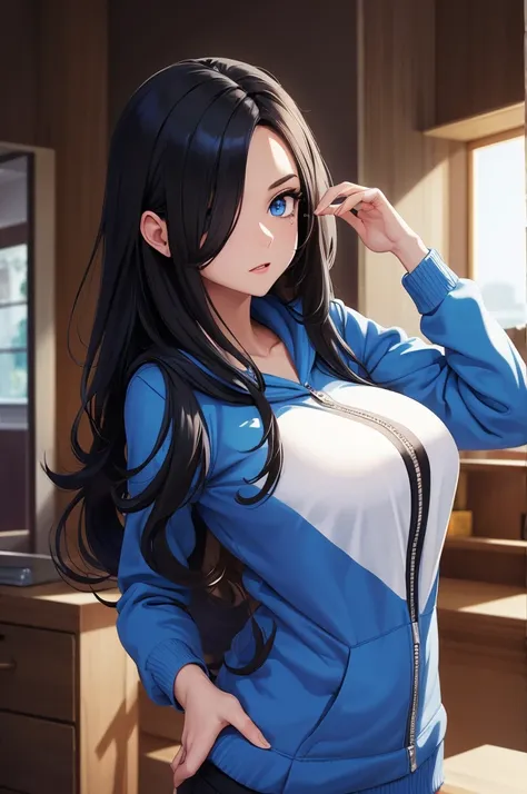 tall girl, big breasts,long hair,  shiny hair, blue eyes,hoodie,high detailed,dynamic pose, black hair, hair over one eye,mole under eyes,