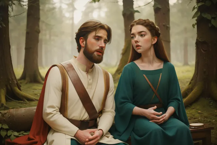 1136, England. otherworldly scene in a forest, ((((35-year-old)) bearded Chris Evans)), with Anya Taylor-Joy, ((((poor plain tunic from the 12th century)))), ((Hairstyle of the 12th century)), ((Wes Anderson cinematic style)), colorful