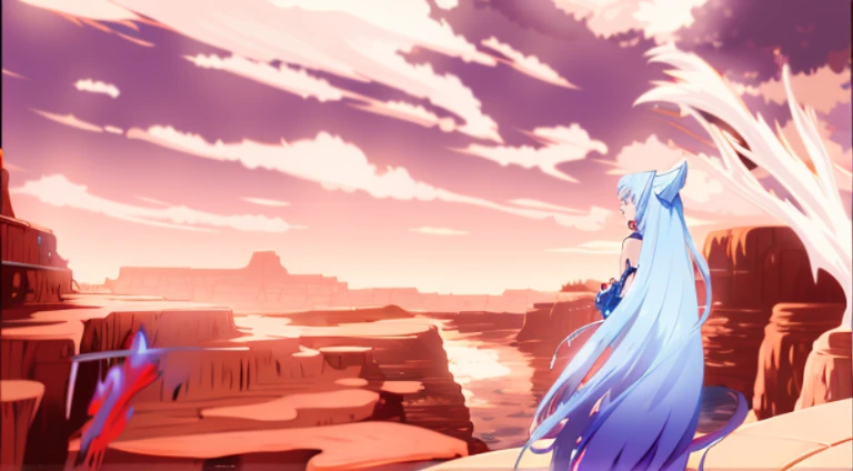 Anime scene of a woman in a blue dress standing on a rocky cliff, reincarnated as a slime, rimuru storm side photo, Screenshots from the 2012 animation, no game no life, Kuro anime screenshots, Rimuru Storm, Reincarnation Stara Slime Dattaken, 2 0 1 9 anim...