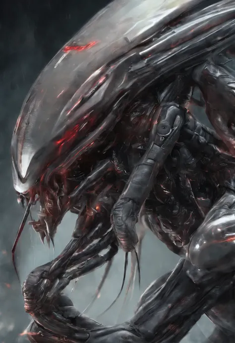 Alien invasion，invasive insect scorpion，Hair has grown a lot，Incredible，blood vesurderoull body like，combats，The city was destroyed，a true，Facial features are carefully drawn，realistic skin textures，Dark style，depth of fields，to emphasize，Real light，ray tr...