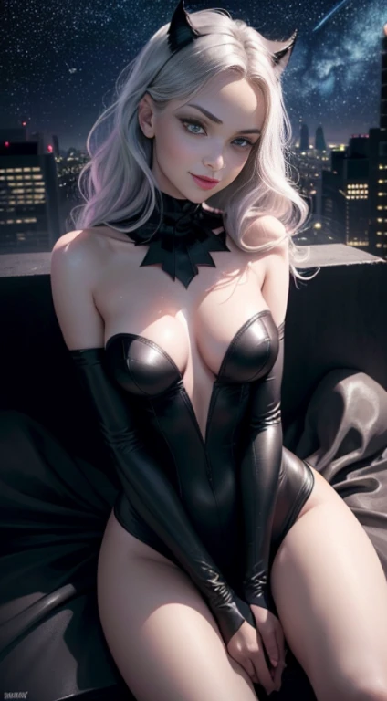 shot below eye level, black and white photorealism, handsome girl, (One hand between the legs: 1.3), green colored eyes, pink lips, Slender figure, I&#39;m standing on the roof of a high-rise building, endearing smile, (Catwoman: 1.1), The perfect female f...