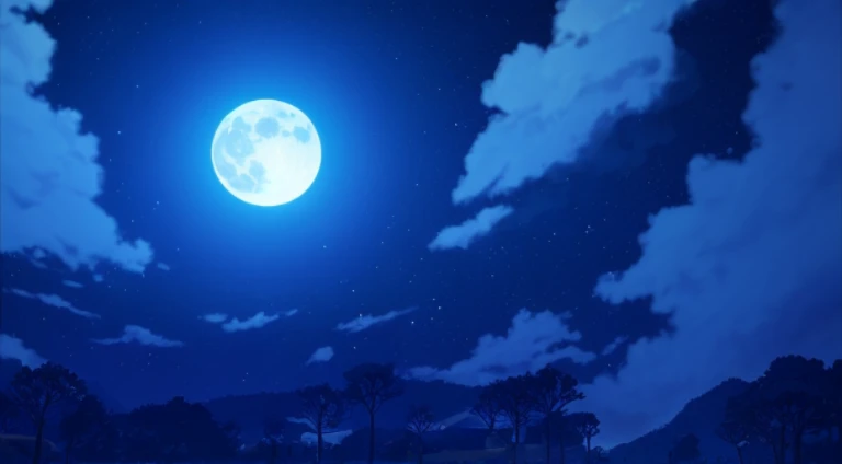 A bright full moon in the sky, anime backgrounds, Blue moonlight, Blue moonlight, Starry sky environment in moonlight, blueish moonlight, soft blue moonlight, blue moon ray tracing, blue moon, moonlit background, The moon  in the sky, rays of moonlight, Br...