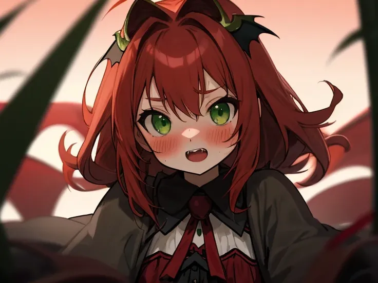 Red-haired girl　Green eyes　double tooth　vampire blush