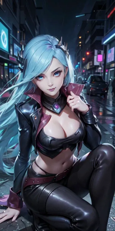 Masterpiece, 8k, detailed face, portrait, 1 girl, ( Death sworn Katarina (league of legends 1.1)) beautiful face, asymmetrical long hair, blue hair, belt, exposed navel, black stockings, blue eyes, open leather jacket, leather mini skirt, cute smirk, posin...