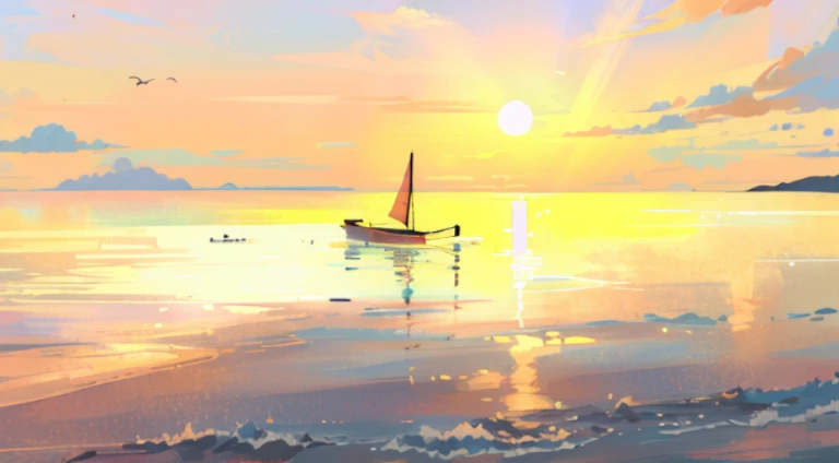 late sunset，There  a boat sailing in the water, Shinkai sincerely. —h 2160, ( ( Shinkai sincerely ) ), Blue sea. author：Shinkai sincerely, Shinkai sincerely, Shinkai sincerely!, Makoto Shinkais style, makoto shinkai movie, Shinkai sincerely!!, Anime beauti...