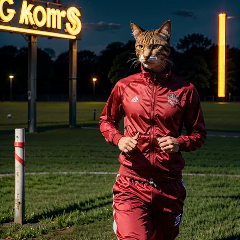 A cat wearing a running tracksuit, in a running field, wearing red, blowing a whistle , looks angry, high quality, high detail, neon lights, 8k