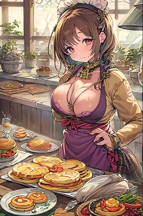 WRC style, Woman, lewd pose, The appearance of a seductive appearance, Apron, kitchin, medieval setting、Eat pancakes、detailed pancakes