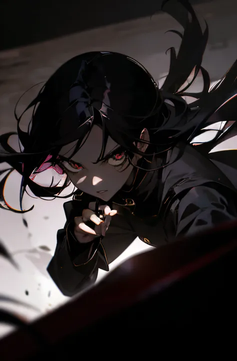 Dramatic lighting, dramatic pose and scene, gleam, dark colors and atmosphere, gloomy anime girl, Intense expression at camera, ring lights, no close-ups