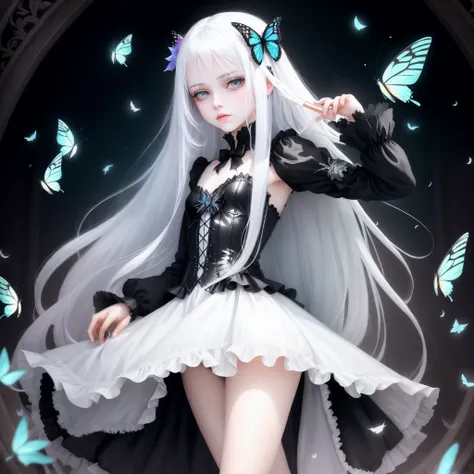 butterflys々Feathers of　teens girl　gotik　Fantasia　portraitures　long shiny white hair　　Please change the pose of the girl in the photo above to a pose with movement..