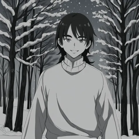 ((Sketch)) ((Manga style)) B&W. On the road, pine trees walk. Sweater. minimalistic background. a young boy with a long mullet haircut, big lips, and slanted eyes. Winter season, snow and pine trees on the streets. Christmas night. Smile