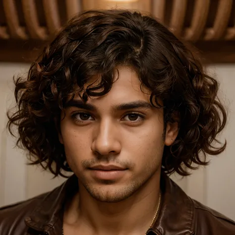 Portrait of a brown boy with medium curly hair 1,78 de altura olhos marrons boca rosa na frente de um sobrado cinza