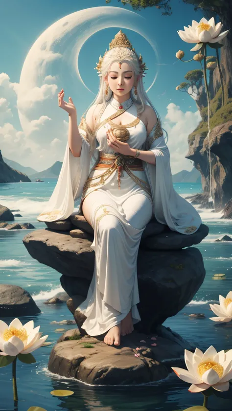 A painting of a woman sitting on a rock in the water, Avalokitesvara, guanyin of the southern seas, contented female bodhisattva, , fo, , bodhisattva, sitting on a lotus flower, Buddha in Buddhism, A flowing white robe, Spiritual enlightenment, A meditativ...