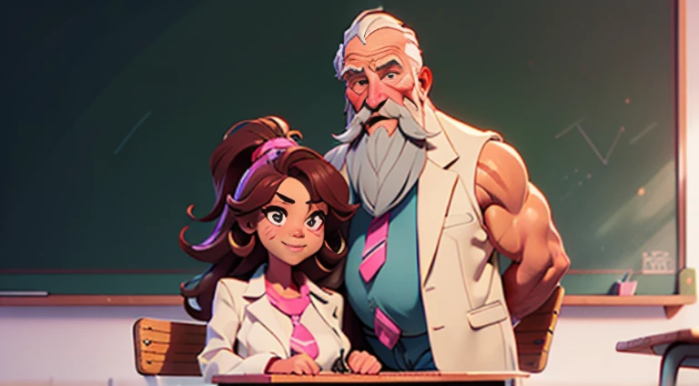 one old man teacher and one young student girl, age gap, age difference, giant tall size, old man 70, long beard white, tie, fac...