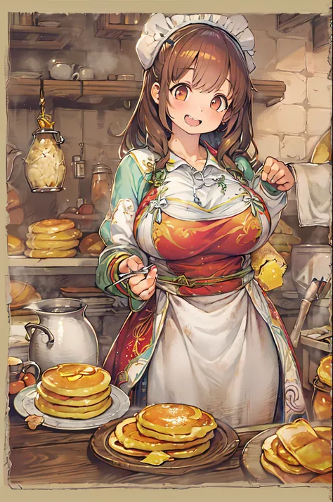 WRC style, Woman, lewd pose, The appearance of a seductive appearance, Apron, kitchin, medieval setting、Eat pancakes、detailed pancakes、pancake、huge-breasted