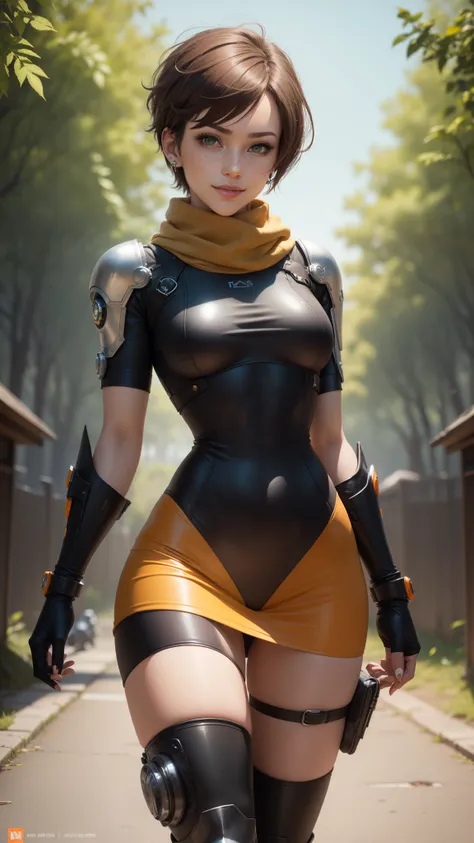 gwen tennyson,yorha 2b,tracer,rebecca chambers,overwatch,nier automata, close up,bamboo forest,tattoos,orange plugsuit,short sleeve pilot top,short sleeve cyborg pilot jacket,white and orange lycra tight skirt,mech pilot leather corset,short hair,punk make...