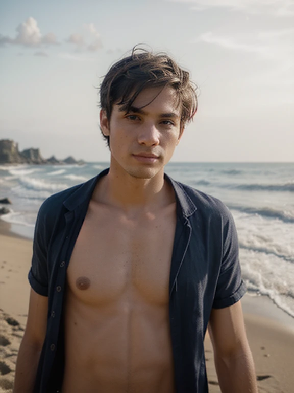 Fotografia meio corpo de um homem europeu jovem, 35 anos, na praia.