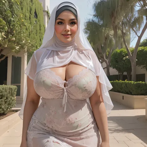 (((HIJAB MALAY GIRL))), 8k wallpaper, ​masterpiece, top-quality, ultra-detailliert, multiple female, 3women, 30~40 years, A MILF, beautiful mature lady, harems, babydoll, Highly exposed, Looking through underwear, Wet the white dress and see through it, ex...