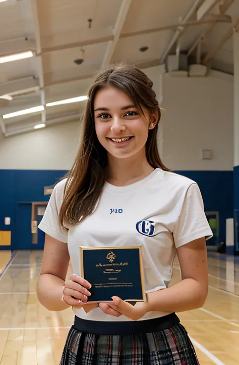 Lucy photography of a 20yo woman, perfect face, award, sports hall, smiling, skirt