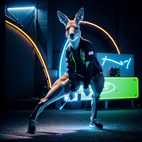 A kangaroo playing ice hokey, wearing sports clothes, neon lights, high quality, high detail, 8k