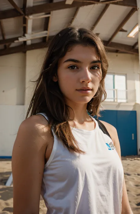 Lucy photography of a 20yo woman, perfect face, on the beach playing ball